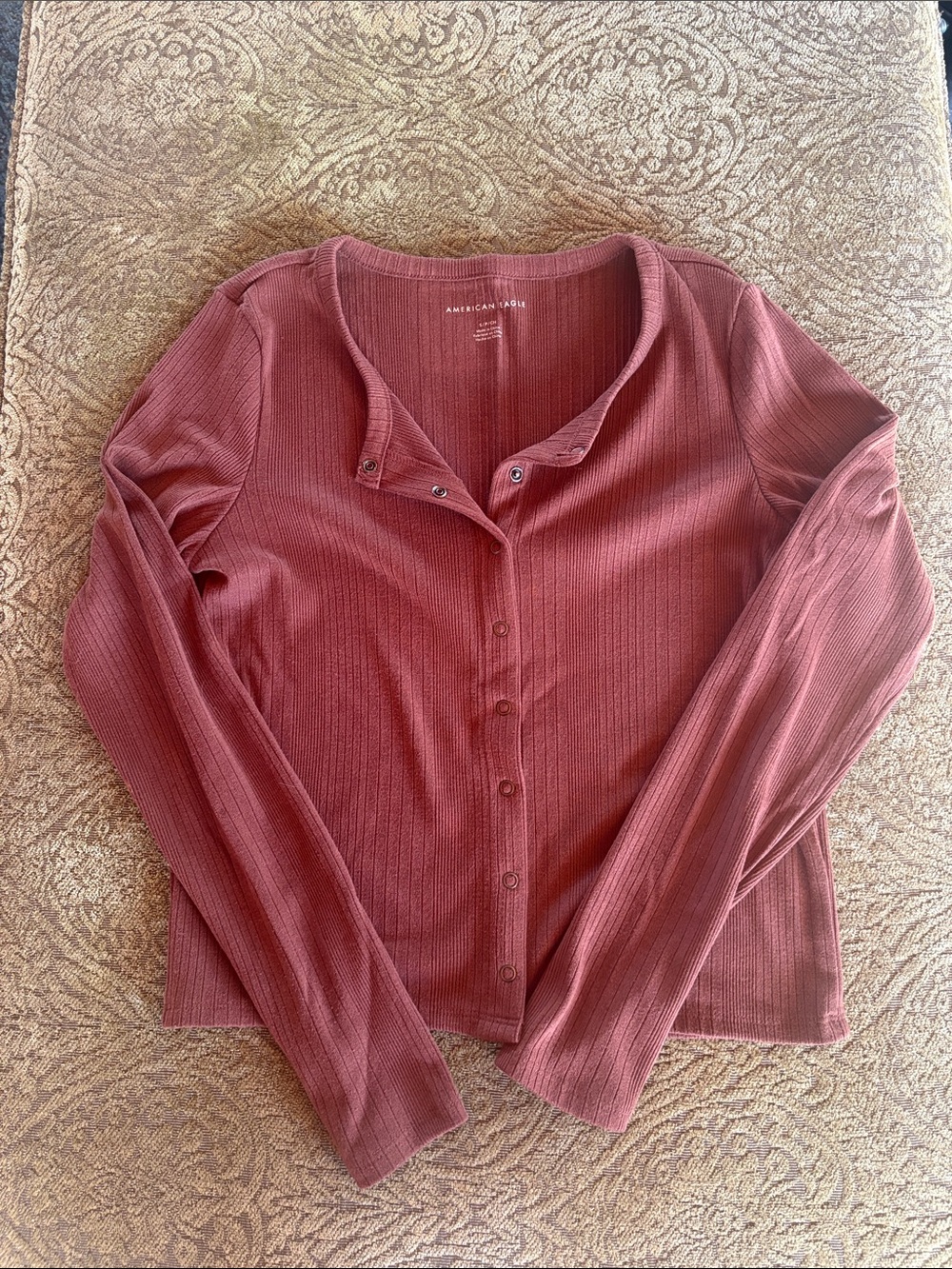 American Eagle Outfitters Long-Sleeve Ribbed Button-Front Top